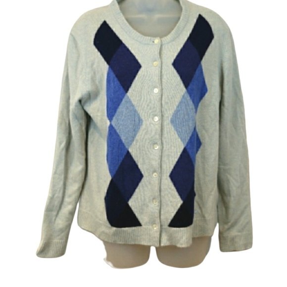Escada Sport Blue Argyle Cardigan Cardy Wool Angora Sweater LG - Picture 1 of 12